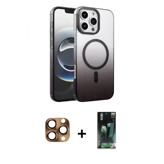 MARSİLYAN™- iPhone 16 Pro Max Kılıf Ahenk Doku Özel Seri - Siyah 360 Mat Full Body Arka Koruyucu + Pers Alüminyum Kamera Lens - CLTM