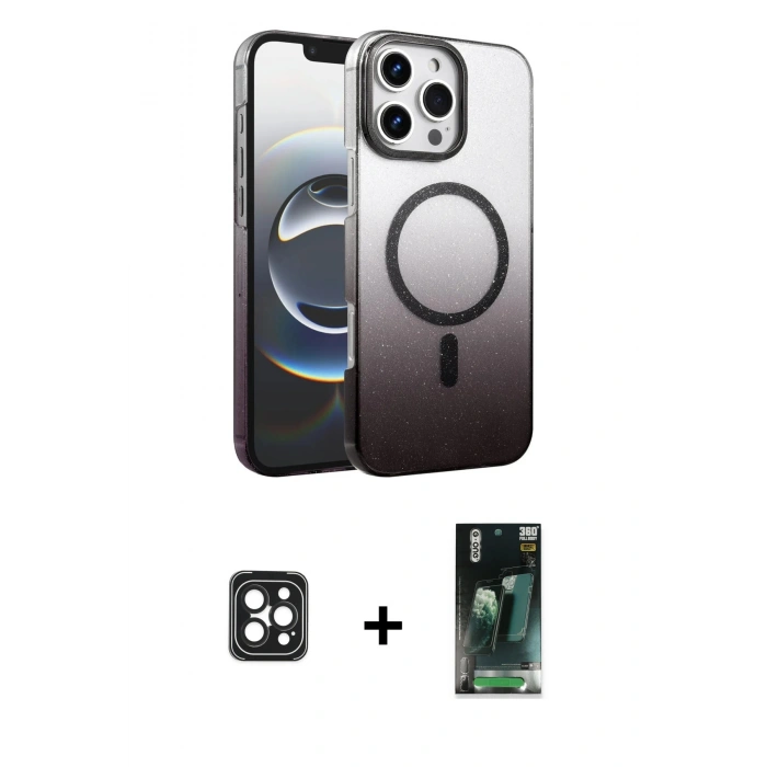 MARSİLYAN™- iPhone 16 Pro Max Kılıf Ahenk Doku Özel Seri - Siyah 360 Mat Full Body Arka Koruyucu + PVD Metal Kamera Lens - SH