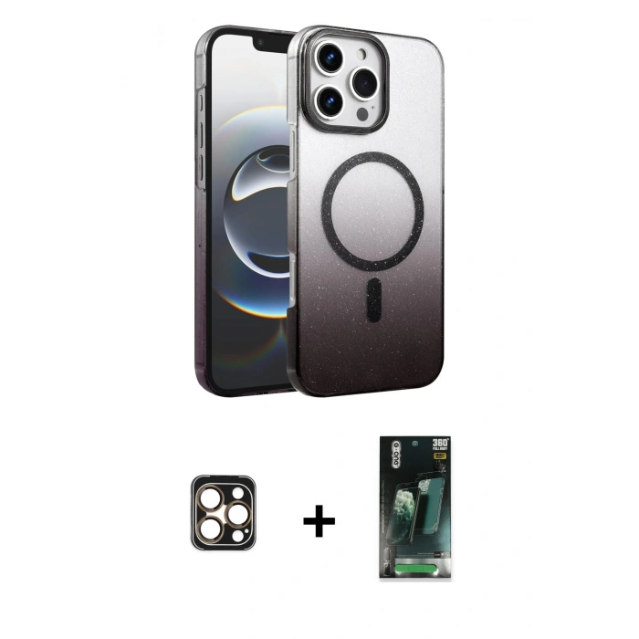 MARSİLYAN™- iPhone 16 Pro Max Kılıf Ahenk Doku Özel Seri - Siyah 360 Mat Full Body Arka Koruyucu + PVD Metal Kamera Lens - GD