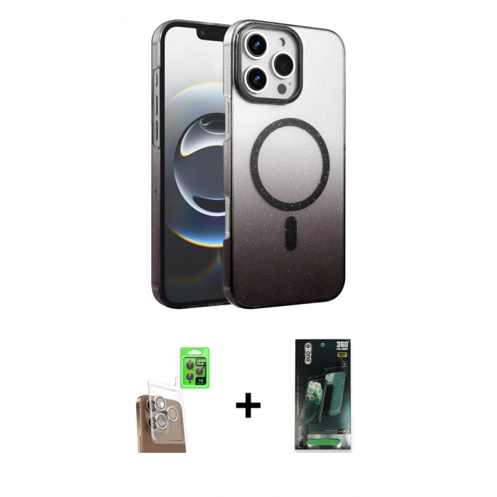 MARSİLYAN™- iPhone 16 Pro Max Kılıf Ahenk Doku Özel Seri - Siyah 360 Mat Full Body Arka Koruyucu + Raze Metal Kamera Lens - CLTM