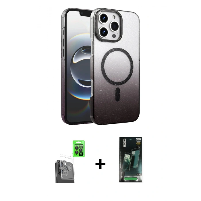 MARSİLYAN™- iPhone 16 Pro Max Kılıf Ahenk Doku Özel Seri - Siyah 360 Mat Full Body Arka Koruyucu + Siyah Raze Metal Kamera Lens
