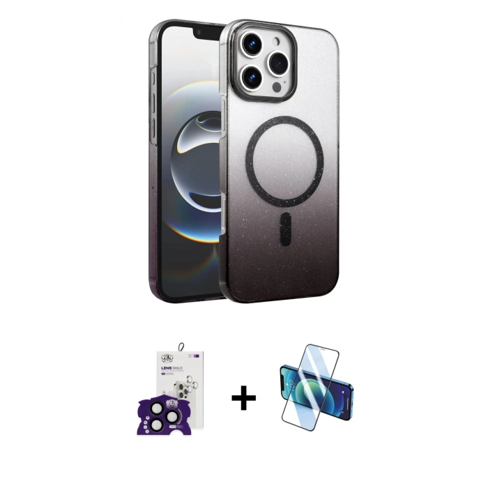 MARSİLYAN™- iPhone 16 Pro Max Kılıf Ahenk Doku Özel Seri - Siyah 3D Antistatik Cam Ekran Koruyucu + Bilvis Titan Kamera Lens - SH