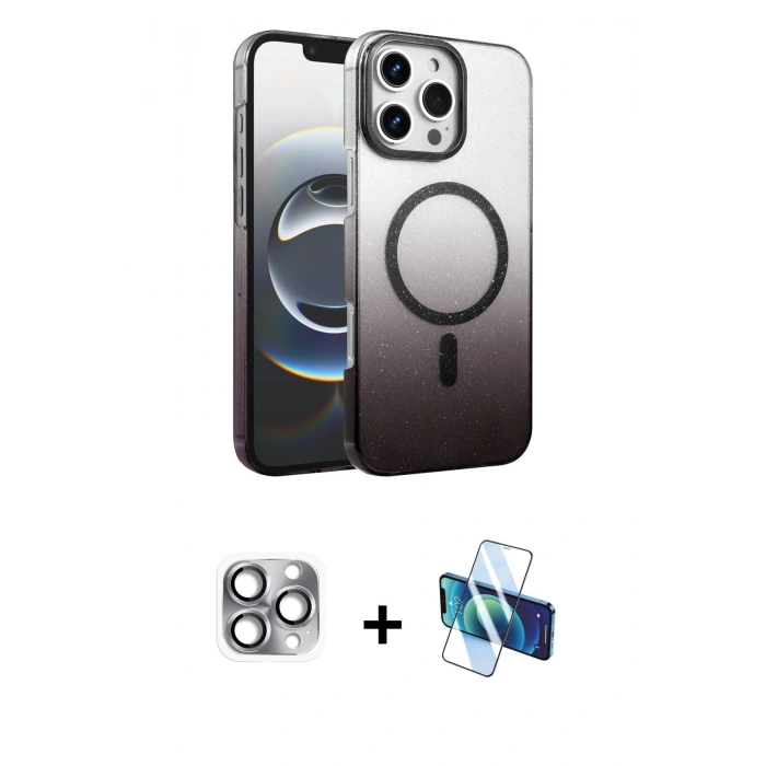 MARSİLYAN™- iPhone 16 Pro Max Kılıf Ahenk Doku Özel Seri - Siyah 3D Antistatik Cam Ekran Koruyucu + Pers Alüminyum Kamera Lens - GI