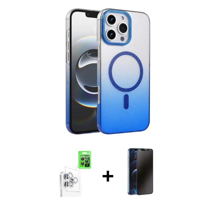 MARSİLYAN™- iPhone 16 Pro Max Kılıf Ahenk Doku Özel Seri - Siyah 3D Antistatik Hayalet Cam Ekran Koruyucu + Raze Metal Kamera Lens - BZ