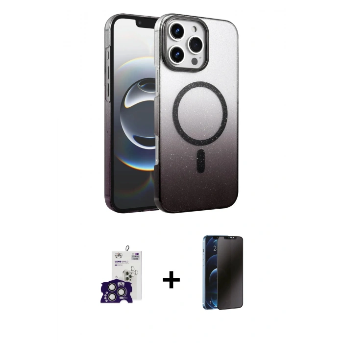MARSİLYAN™- iPhone 16 Pro Max Kılıf Ahenk Doku Özel Seri - Siyah 3D Antistatik Hayalet Cam Ekran Koruyucu + Bilvis Titan Kamera Lens - TMGI