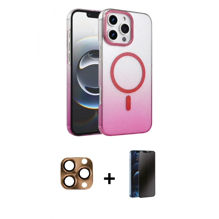 MARSİLYAN™- iPhone 16 Pro Max Kılıf Ahenk Doku Özel Seri - Siyah 3D Antistatik Hayalet Cam Ekran Koruyucu + Pers Alüminyum Kamera Lens - CLTM