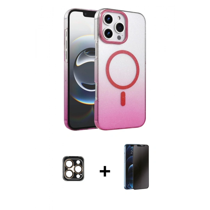 MARSİLYAN™- iPhone 16 Pro Max Kılıf Ahenk Doku Özel Seri - Siyah 3D Antistatik Hayalet Cam Ekran Koruyucu + PVD Metal Kamera Lens - GD
