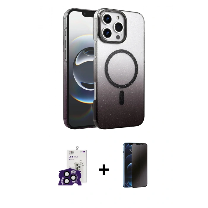 MARSİLYAN™- iPhone 16 Pro Max Kılıf Ahenk Doku Özel Seri - Siyah 3D Antistatik Hayalet Cam Ekran Koruyucu + Bilvis Titan Kamera Lens - SH
