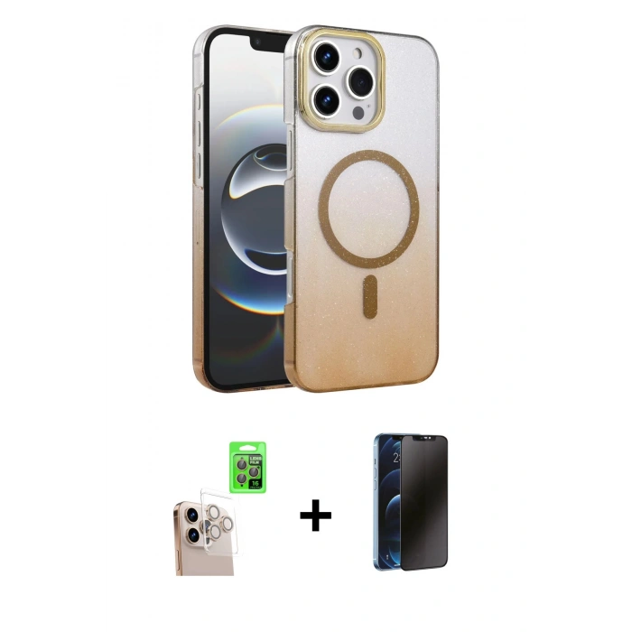 MARSİLYAN™- iPhone 16 Pro Max Kılıf Ahenk Doku Özel Seri - Siyah 3D Antistatik Hayalet Cam Ekran Koruyucu + Raze Metal Kamera Lens - NLGY