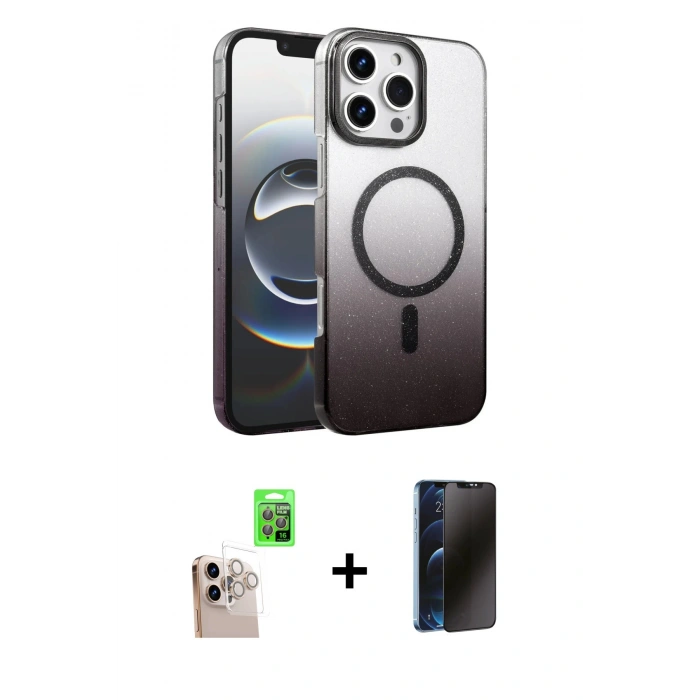 MARSİLYAN™- iPhone 16 Pro Max Kılıf Ahenk Doku Özel Seri - Siyah 3D Antistatik Hayalet Cam Ekran Koruyucu + Raze Metal Kamera Lens - NLGY