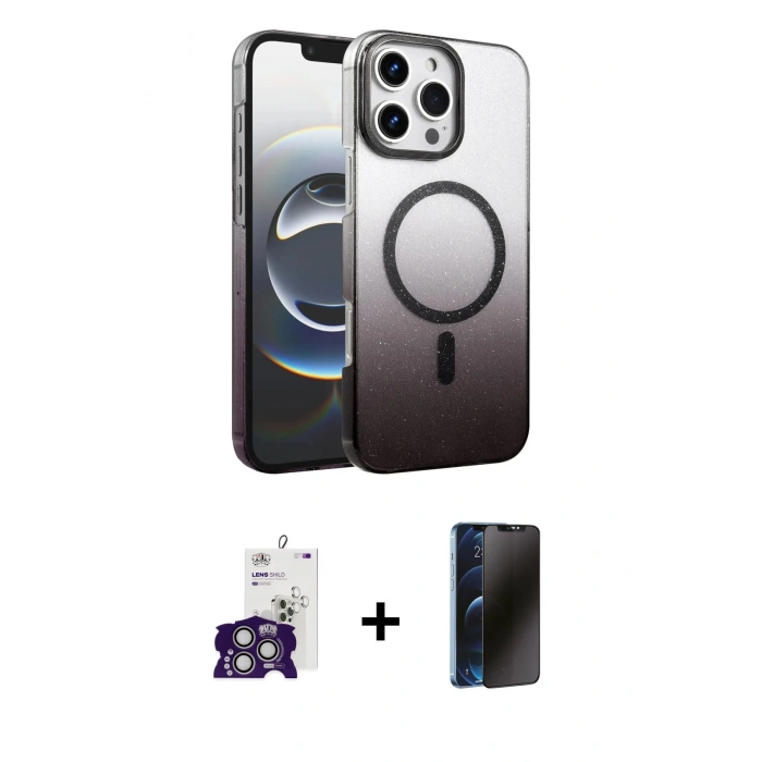 MARSİLYAN™- iPhone 16 Pro Max Kılıf Ahenk Doku Özel Seri - Siyah 3D Antistatik Hayalet Cam Ekran Koruyucu + Bilvis Titan Kamera Lens - GS