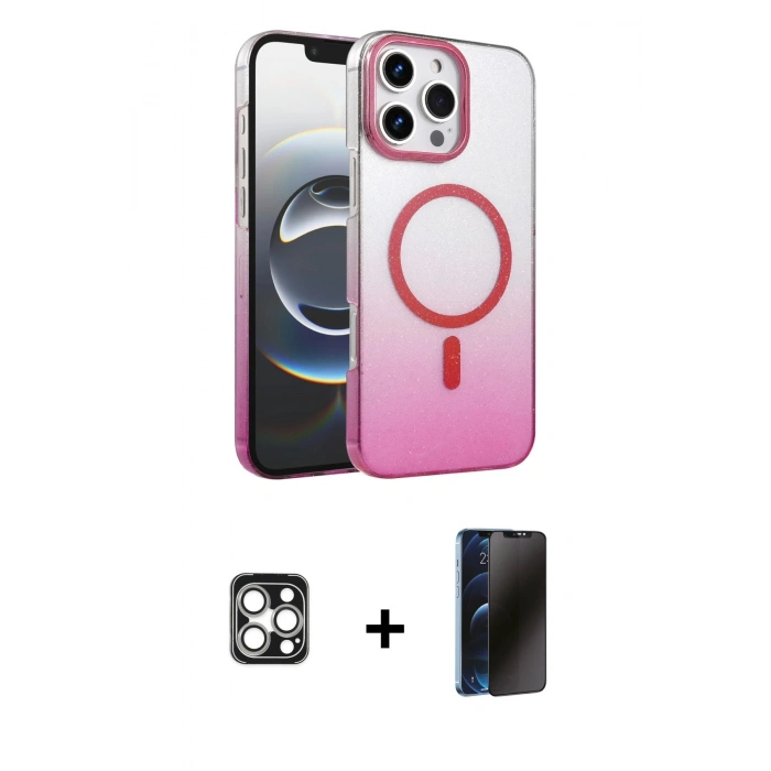 MARSİLYAN™- iPhone 16 Pro Max Kılıf Ahenk Doku Özel Seri - Siyah 3D Antistatik Hayalet Cam Ekran Koruyucu + PVD Metal Kamera Lens - GS