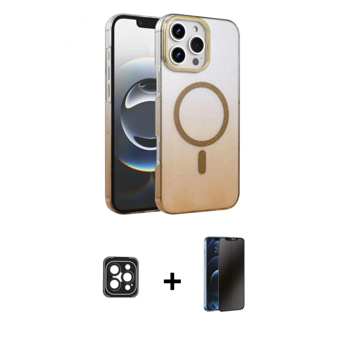 MARSİLYAN™- iPhone 16 Pro Max Kılıf Ahenk Doku Özel Seri - Siyah 3D Antistatik Hayalet Cam Ekran Koruyucu + PVD Metal Kamera Lens - SH