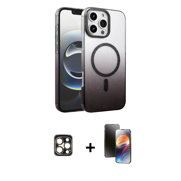 MARSİLYAN™- iPhone 16 Pro Max Kılıf Ahenk Doku Özel Seri - Siyah 3D Antistatik Mat Seramik Nano Ekran Koruyucu + Gold PVD Metal Kamera Lens