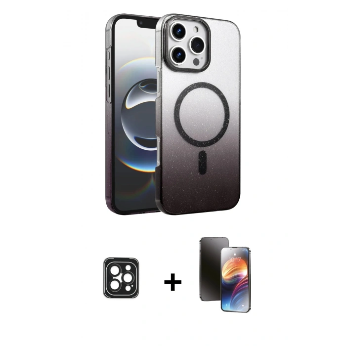 MARSİLYAN™- iPhone 16 Pro Max Kılıf Ahenk Doku Özel Seri - Siyah 3D Antistatik Mat Seramik Nano Ekran Koruyucu + PVD Metal Kamera Lens - SH