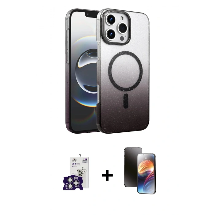 MARSİLYAN™- iPhone 16 Pro Max Kılıf Ahenk Doku Özel Seri - Siyah 3D Antistatik Mat Seramik Nano Ekran Koruyucu + Titanyum Gri Bilvis Titan Kamera Lens