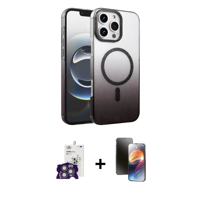 MARSİLYAN™- iPhone 16 Pro Max Kılıf Ahenk Doku Özel Seri - Siyah 3D Antistatik Mat Seramik Nano Ekran Koruyucu + Bilvis Titan Kamera Lens - GS