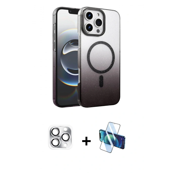 MARSİLYAN™- iPhone 16 Pro Max Kılıf Ahenk Doku Özel Seri - Siyah 3D Antistatik Seramik Nano Ekran Koruyucu + Gümüş Pers Alüminyum Kamera Lens