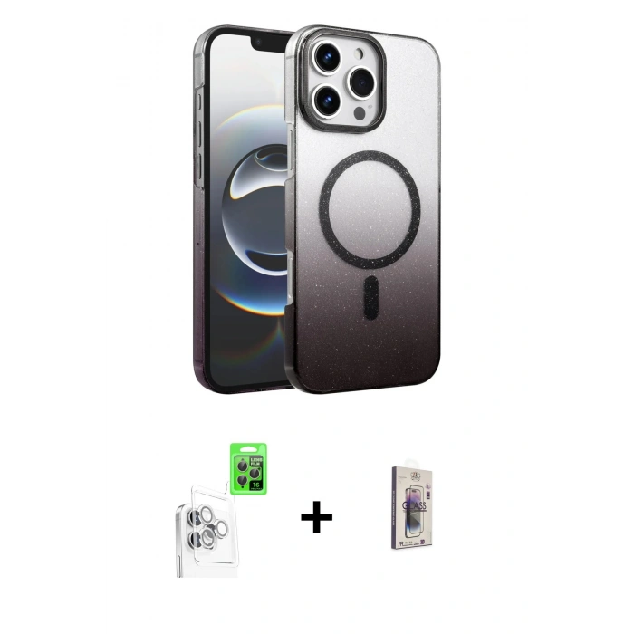 MARSİLYAN™- iPhone 16 Pro Max Kılıf Ahenk Doku Özel Seri - Siyah Bilvis 3D Cam Ekran Koruyucu + Raze Metal Kamera Lens - BZ
