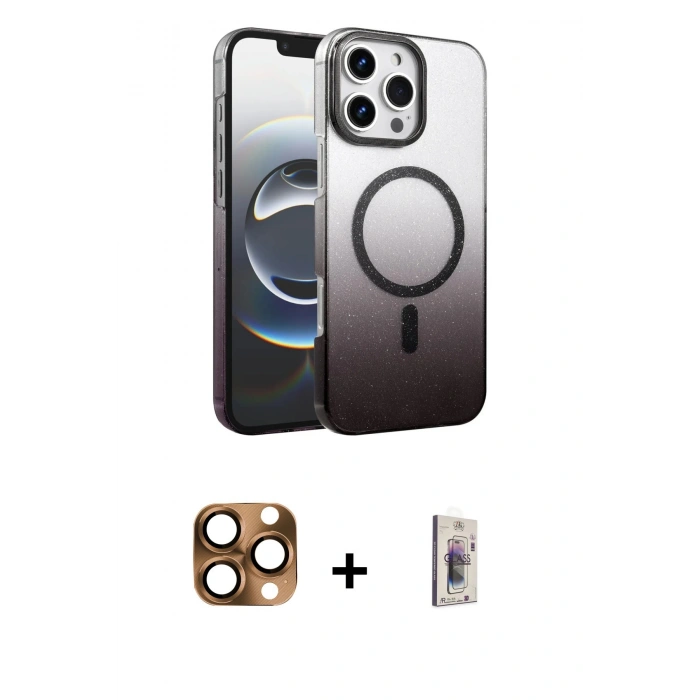 MARSİLYAN™- iPhone 16 Pro Max Kılıf Ahenk Doku Özel Seri - Siyah Bilvis 3D Cam Ekran Koruyucu + Çöl Titanyum Pers Alüminyum Kamera Lens