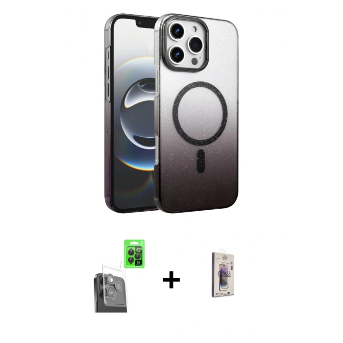 MARSİLYAN™- iPhone 16 Pro Max Kılıf Ahenk Doku Özel Seri - Siyah Bilvis 3D Cam Ekran Koruyucu + Raze Metal Kamera Lens - SH
