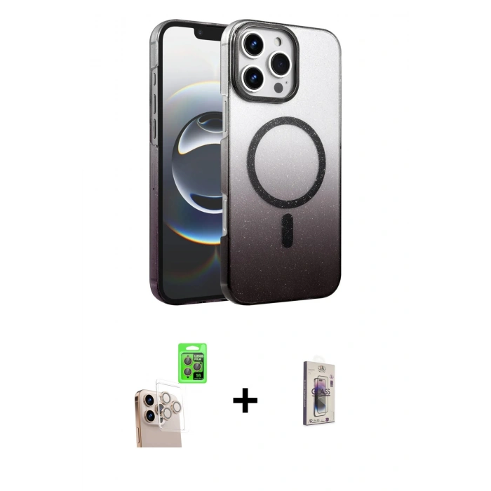 MARSİLYAN™- iPhone 16 Pro Max Kılıf Ahenk Doku Özel Seri - Siyah Bilvis 3D Cam Ekran Koruyucu + Raze Metal Kamera Lens - NLGY