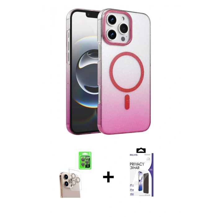 MARSİLYAN™- iPhone 16 Pro Max Kılıf Ahenk Doku Özel Seri - Siyah Bilvis 3X AR Hayalet Cam Ekran Koruyucu + Raze Metal Kamera Lens - NLGY