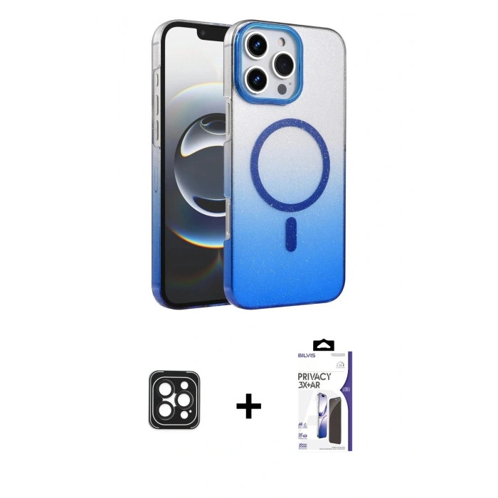 MARSİLYAN™- iPhone 16 Pro Max Kılıf Ahenk Doku Özel Seri - Siyah Bilvis 3X AR Hayalet Cam Ekran Koruyucu + PVD Metal Kamera Lens - SH