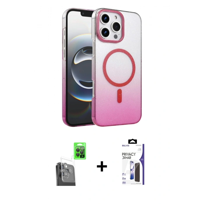 MARSİLYAN™- iPhone 16 Pro Max Kılıf Ahenk Doku Özel Seri - Siyah Bilvis 3X AR Hayalet Cam Ekran Koruyucu + Raze Metal Kamera Lens - SH