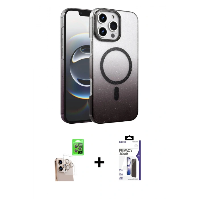 MARSİLYAN™- iPhone 16 Pro Max Kılıf Ahenk Doku Özel Seri - Siyah Bilvis 3X AR Hayalet Cam Ekran Koruyucu + Raze Metal Kamera Lens - NLGY