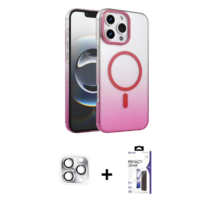 MARSİLYAN™- iPhone 16 Pro Max Kılıf Ahenk Doku Özel Seri - Siyah Bilvis 3X AR Hayalet Cam Ekran Koruyucu + Pers Alüminyum Kamera Lens - GS