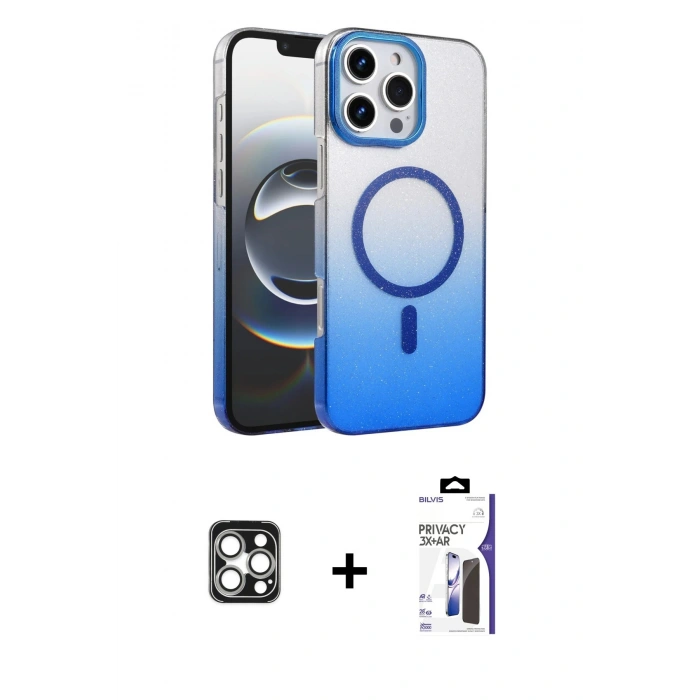 MARSİLYAN™- iPhone 16 Pro Max Kılıf Ahenk Doku Özel Seri - Siyah Bilvis 3X AR Hayalet Cam Ekran Koruyucu + PVD Metal Kamera Lens - GS