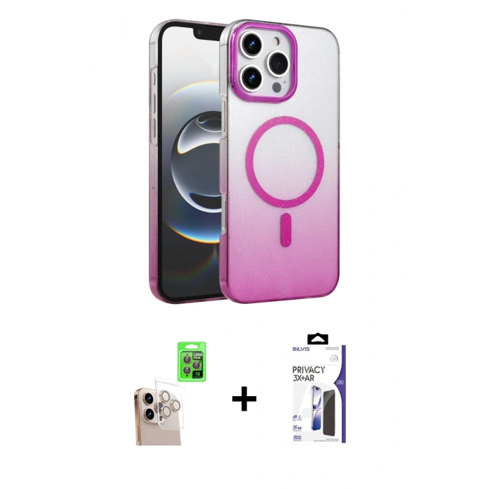 MARSİLYAN™- iPhone 16 Pro Max Kılıf Ahenk Doku Özel Seri - Siyah Bilvis 3X AR Hayalet Cam Ekran Koruyucu + Raze Metal Kamera Lens - NLGY