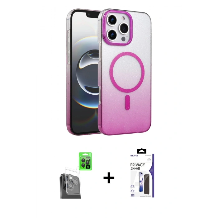 MARSİLYAN™- iPhone 16 Pro Max Kılıf Ahenk Doku Özel Seri - Siyah Bilvis 3X AR Hayalet Cam Ekran Koruyucu + Raze Metal Kamera Lens - SH