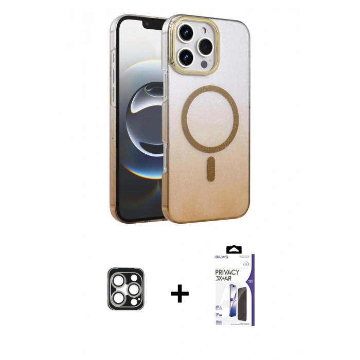 MARSİLYAN™- iPhone 16 Pro Max Kılıf Ahenk Doku Özel Seri - Siyah Bilvis 3X AR Hayalet Cam Ekran Koruyucu + PVD Metal Kamera Lens - GS