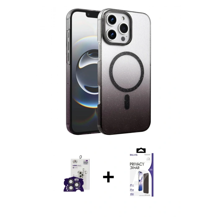 MARSİLYAN™- iPhone 16 Pro Max Kılıf Ahenk Doku Özel Seri - Siyah Bilvis 3X AR Hayalet Cam Ekran Koruyucu + Bilvis Titan Kamera Lens - TMGI