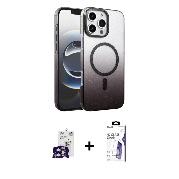 MARSİLYAN™- iPhone 16 Pro Max Kılıf Ahenk Doku Özel Seri - Siyah Bilvis 3X AR HD Cam Ekran Koruyucu + Bilvis Titan Kamera Lens - TMGI