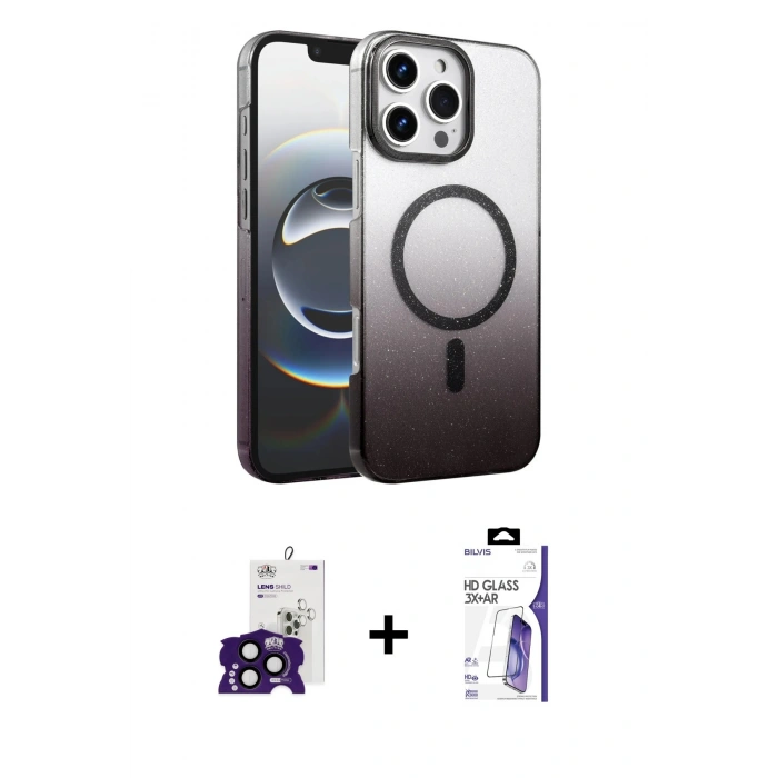MARSİLYAN™- iPhone 16 Pro Max Kılıf Ahenk Doku Özel Seri - Siyah Bilvis 3X AR HD Cam Ekran Koruyucu + Bilvis Titan Kamera Lens - SH