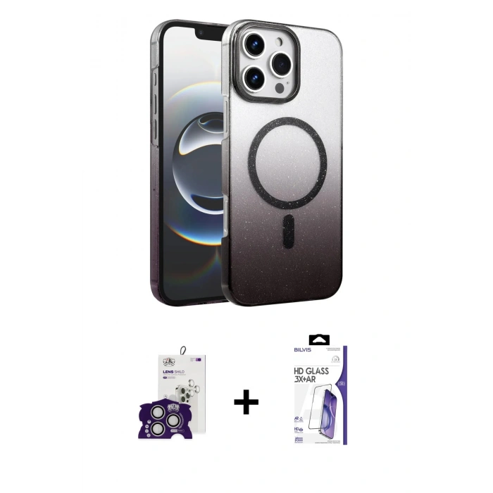 MARSİLYAN™- iPhone 16 Pro Max Kılıf Ahenk Doku Özel Seri - Siyah Bilvis 3X AR HD Cam Ekran Koruyucu + Bilvis Titan Kamera Lens - GS