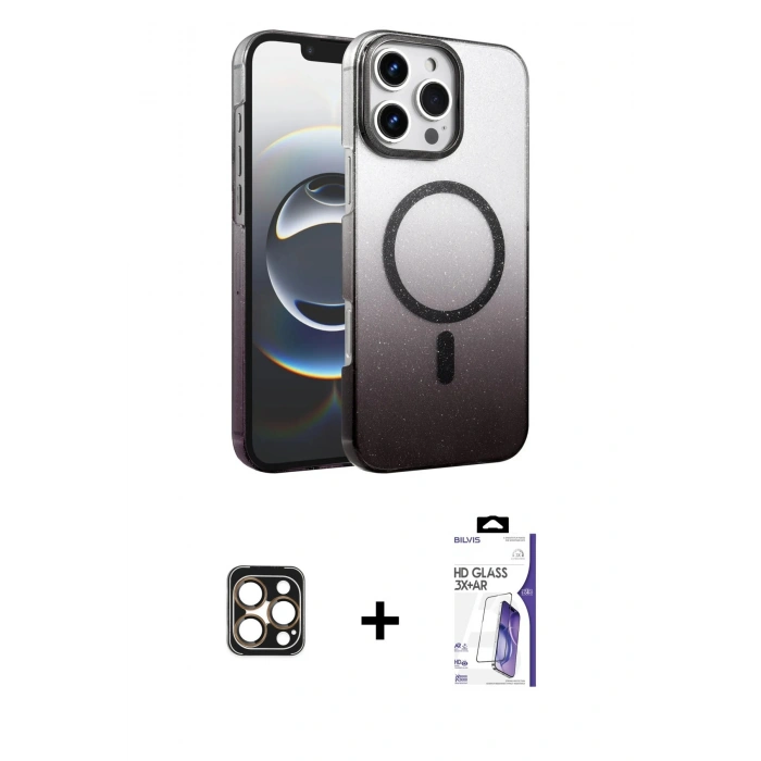 MARSİLYAN™- iPhone 16 Pro Max Kılıf Ahenk Doku Özel Seri - Siyah Bilvis 3X AR HD Cam Ekran Koruyucu + PVD Metal Kamera Lens - GD