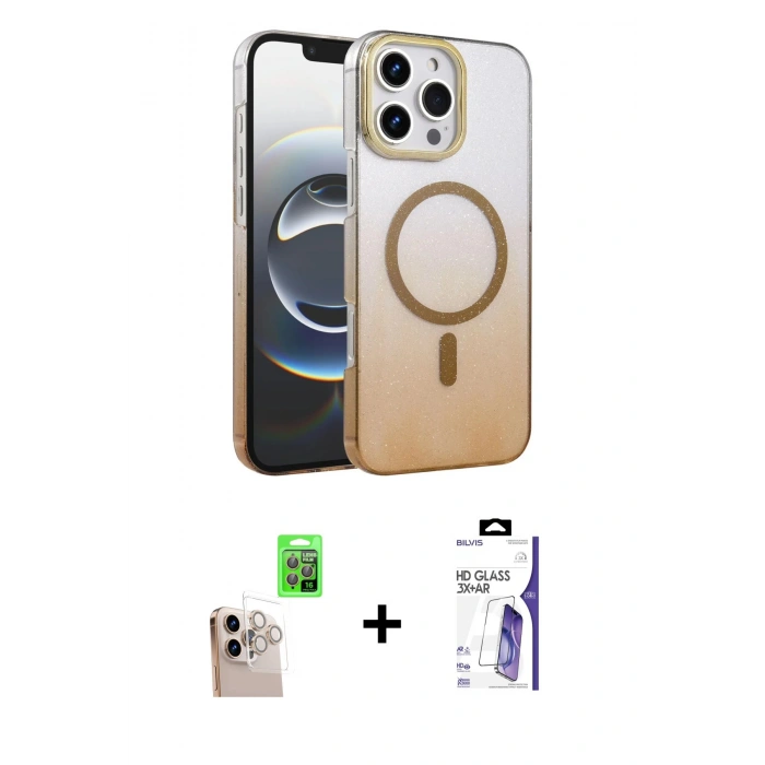 MARSİLYAN™- iPhone 16 Pro Max Kılıf Ahenk Doku Özel Seri - Siyah Bilvis 3X AR HD Cam Ekran Koruyucu + Raze Metal Kamera Lens - NLGY