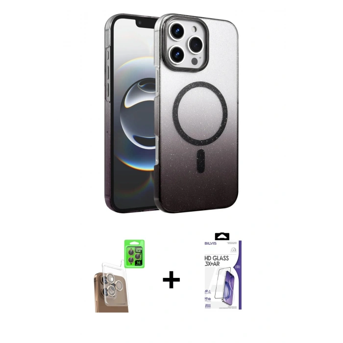 MARSİLYAN™- iPhone 16 Pro Max Kılıf Ahenk Doku Özel Seri - Siyah Bilvis 3X AR HD Cam Ekran Koruyucu + Raze Metal Kamera Lens - CLTM