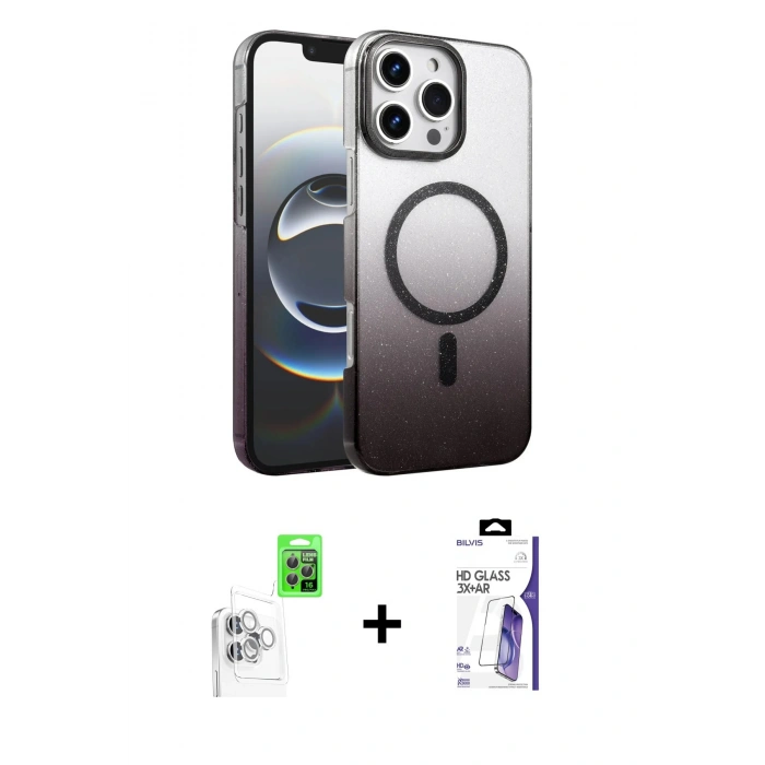 MARSİLYAN™- iPhone 16 Pro Max Kılıf Ahenk Doku Özel Seri - Siyah Bilvis 3X AR HD Cam Ekran Koruyucu + Raze Metal Kamera Lens - BZ
