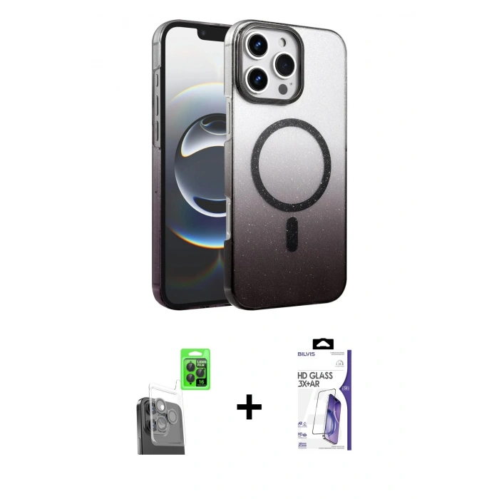 MARSİLYAN™- iPhone 16 Pro Max Kılıf Ahenk Doku Özel Seri - Siyah Bilvis 3X AR HD Cam Ekran Koruyucu + Raze Metal Kamera Lens - SH