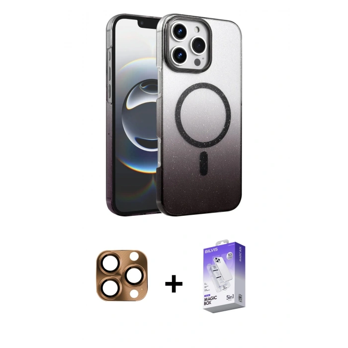 MARSİLYAN™- iPhone 16 Pro Max Kılıf Ahenk Doku Özel Seri - Siyah Bilvis 5in1 3D Magic Cam Ekran Koruyucu + Pers Alüminyum Kamera Lens - CLTM