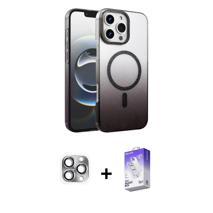 MARSİLYAN™- iPhone 16 Pro Max Kılıf Ahenk Doku Özel Seri - Siyah Bilvis 5in1 3D Magic Cam Ekran Koruyucu + Pers Alüminyum Kamera Lens - GI