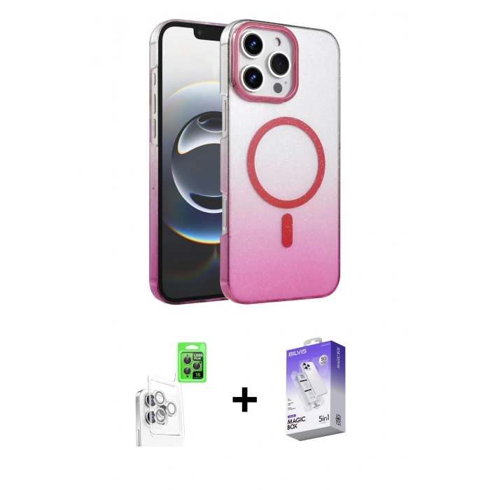 MARSİLYAN™- iPhone 16 Pro Max Kılıf Ahenk Doku Özel Seri - Siyah Bilvis 5in1 3D Magic Cam Ekran Koruyucu + Beyaz Raze Metal Kamera Lens