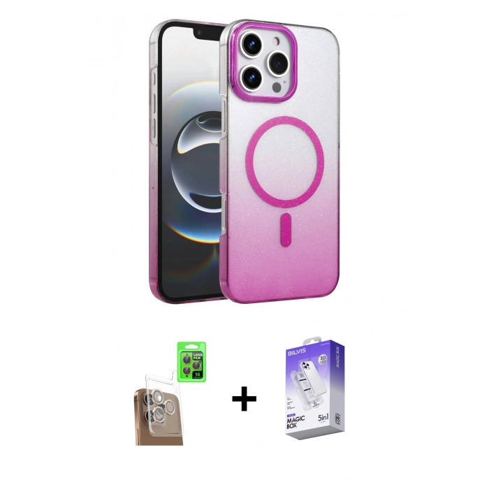 MARSİLYAN™- iPhone 16 Pro Max Kılıf Ahenk Doku Özel Seri - Siyah Bilvis 5in1 3D Magic Cam Ekran Koruyucu + Raze Metal Kamera Lens - CLTM