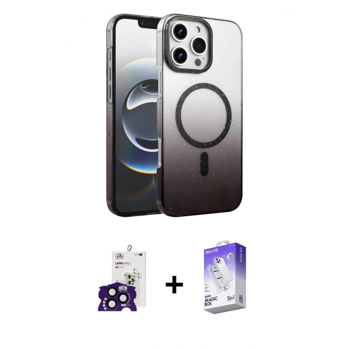 MARSİLYAN™- iPhone 16 Pro Max Kılıf Ahenk Doku Özel Seri - Siyah Bilvis 5in1 3D Magic Cam Ekran Koruyucu + Bilvis Titan Kamera Lens - SH