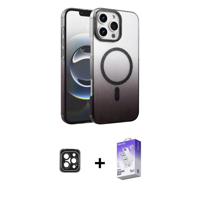 MARSİLYAN™- iPhone 16 Pro Max Kılıf Ahenk Doku Özel Seri - Siyah Bilvis 5in1 3D Magic Cam Ekran Koruyucu + PVD Metal Kamera Lens - SH